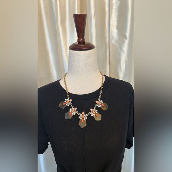 J.Crew Necklace Gold Tone Tortoise Rhinestone Statement Orange Opaque Brown EUC - Picture 3 of 6